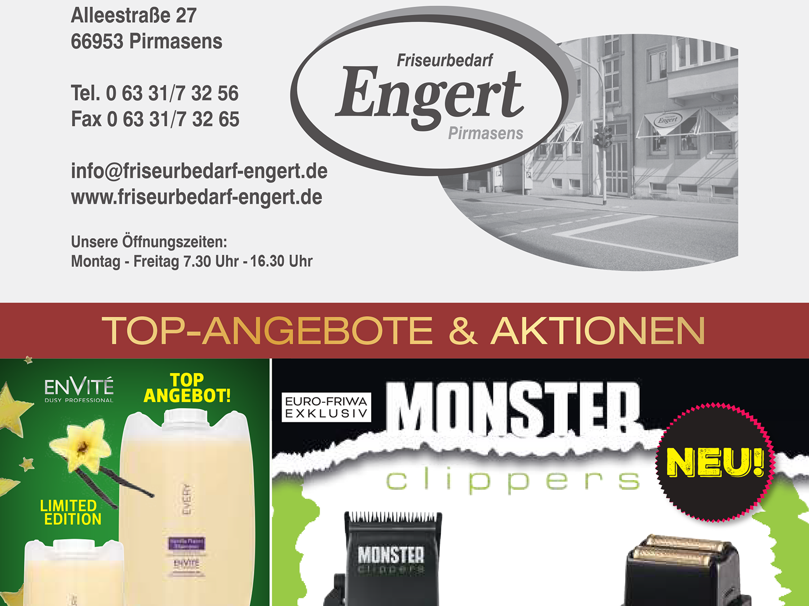 Friseuerbedarf Engert Jährlich neuer Katalog, Headlines - monatlich wechselnde Angebote